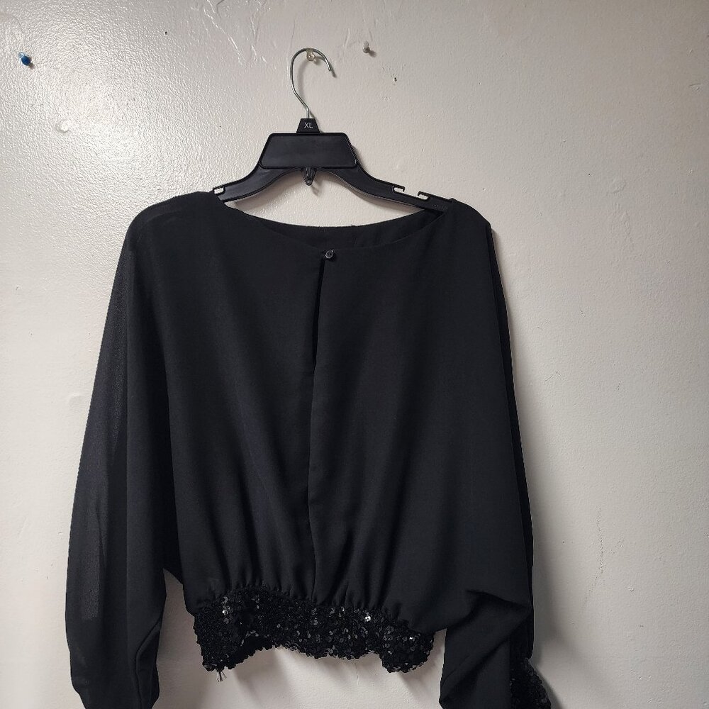 Vintage Mi Bru san black sequin sheer long sleeve polyester top Medium